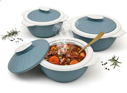 M1SS Set of 3 Insulated Casserole Hot Pot Serving Dish with Lid - 3pc Ambient Food Containers Set Leak-Proof Double Wall Stainless Steel, Hot & Cold Food Storage (1000ml, 1500ml, 2000ml) – Blue