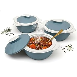 Set of 3 Insulated Casserole Hot Pot Serving Dish with Lid – 3pc Ambient Food Containers Set Leak-Proof Double Wall Stainless Steel, Hot & Cold Food Storage (1000ml, 1500ml, 2000ml) – Blue