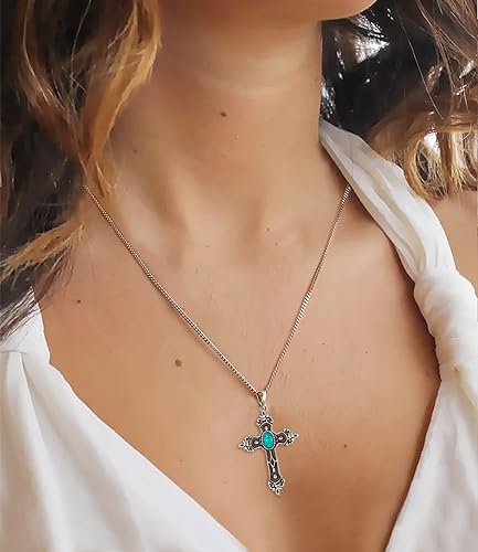 Genuine Turquoise Cross Necklace for Women Men 925 Sterling Silver Western Boho Jewelry Vintage Gemstone Pendant for Her3