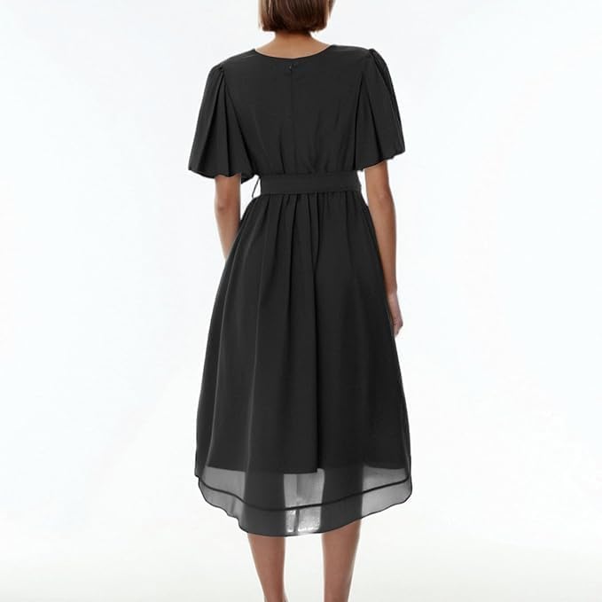 Chiffon Dresses for Women, Elegant Empire Waiste V Neck Midi Dress, Summer Boho Short Sleeve Beach Vacation Dress - Image 3