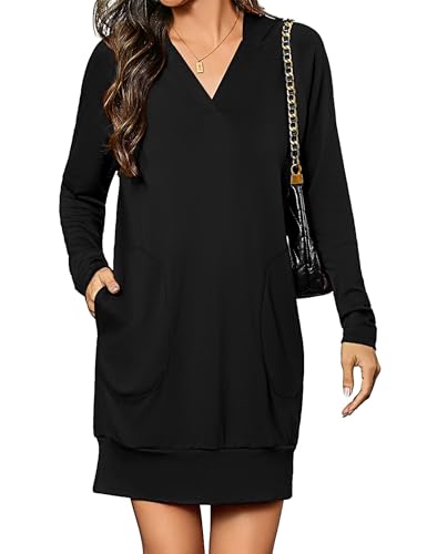 Totatuit Oversized Hooded Sweatshirt Dress for Women Long Sleeve V-Neck Hoodies Dress with Pockets Pullover Sweatshirt Casual Fall Outfits Black XXL