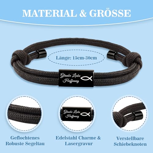 Kommunion Geschenk Fisch Surfer Armband für Jungs, Lasergravur Segeltau Armbänder mit Edelstahl Charme, Christliche Motivation Taufgeschenke für Kinder Konfirmation Erstkommunion (Kommunion Karte)