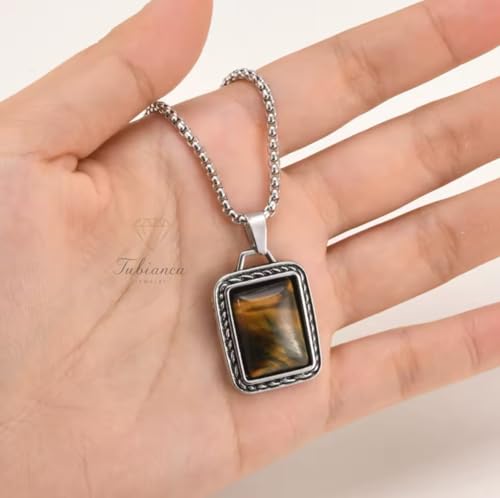 Tiger Eye Pendant Necklace Stainless Steel Silver Chain, Natural Crystal Energy Jewelry for Him Her, Stocking Stuffer Christmas Necklace - Image 5