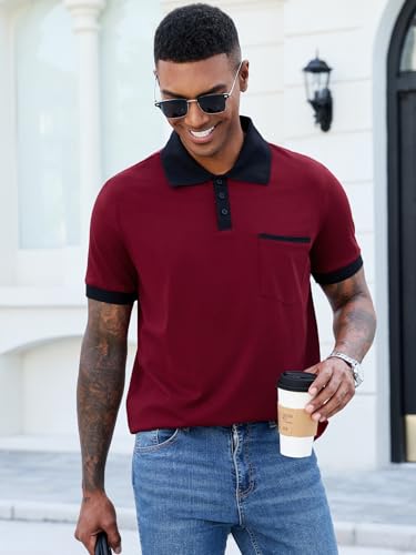 Image of Men's Casual Polo Shirts Summer Short Sleeve Contrast Collar Buttoned Tee Polo Shirt with Pocket