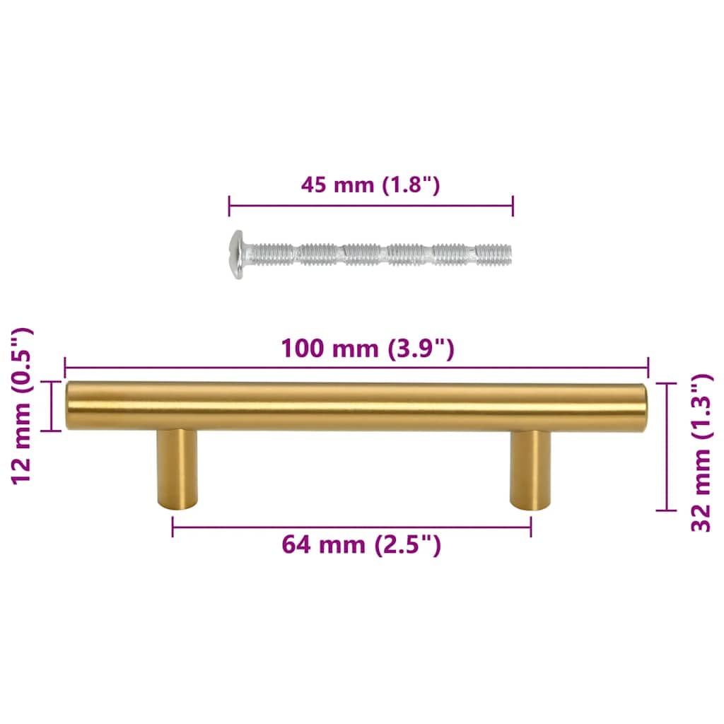 Tiradores para muebles en forma de T, de acero inoxidable, dorado, juego de 10 unidades, con distancia entre orificios de 64 mm, para armario, cajón, puerta, cómoda, longitud de tornillo de