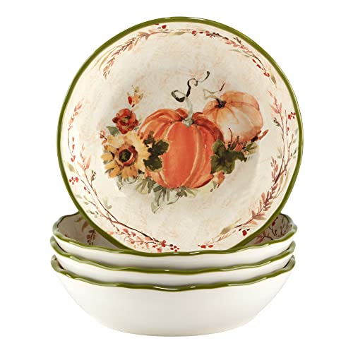 Harvest Morning Set of 4 Ceramic 8' Soup Bowls – Enjoy hearty soups, stews, or pasta in rustic farmhouse style with these autumn-themed bowls that bring warmth to every meal - 18 oz