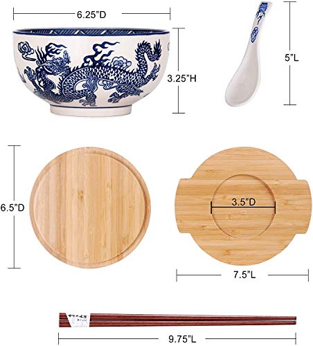 Happy Sales Hskm-Drgnb2, Japanese Kamameshi Vintage Style Rice Noodle Ramen Bowl With Bamboo Lid Trivet Chopsticks And Porcelain Spoon Bowl Set, Royal Dragon #TOP2