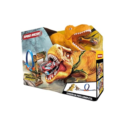 Speed Racer Set T-Rex e pista com looping, pista de ataque com 1 volta, brinquedo de corrida infantil, inclui carro