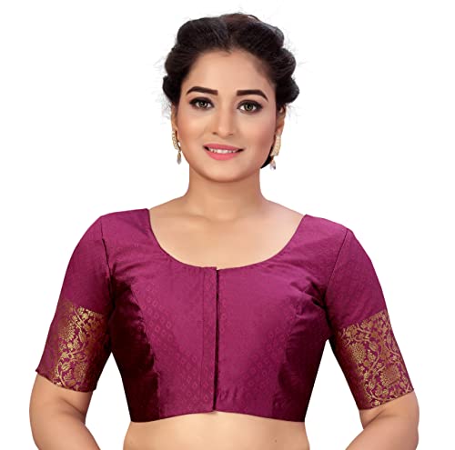 Studio Shringaar Women's Brocade Elbow Length Sleeves Golden Kanjivaram Border Saree Blouse.
