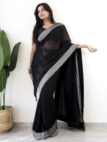 Image of AKHILAM Women's Georgette Solid Ready To Wear one Minute Saree With Unstitched Blouse Piece