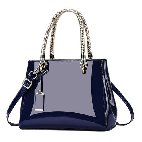 Bolsa de couro envernizado brilhante bolsa de ombro grande com alça superior para mulheres, Azul