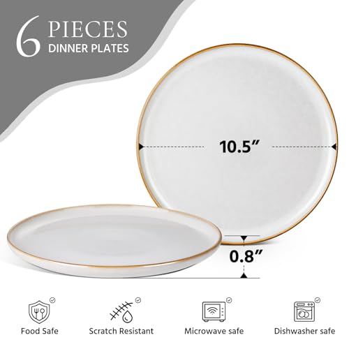 Image of E-far 10.5 inch Ceramic Dinner Plates Set of 6, Large Reactive Glaze Stoneware Dishes, Round Salad Plate for Home Kitchen Restaurant, Microwave & Dishwasher Safe - Seashell White