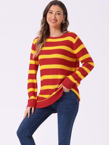 Allegra K Women's Fall Tops 2025 Striped Drop Shoulder Round Neck Long Sleeves Pullover Sweater2