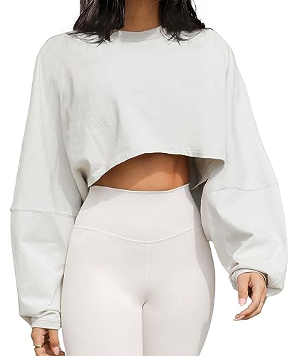Meladyan Women Long Sleeve Crewneck Crop Top Tee Shirt Sweatshirt Casual Solid Loose Fit Workout Cropped Pullover Tshirt