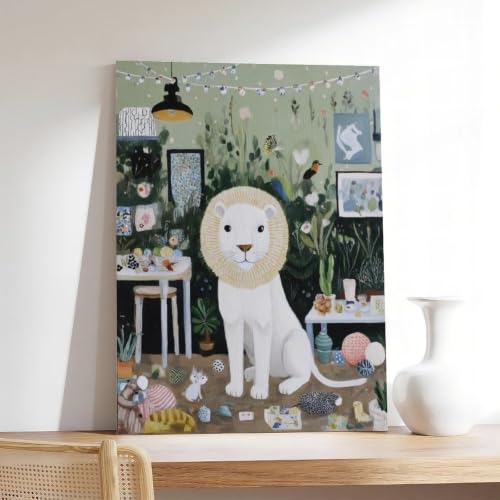 Décoration murale sur toile lion blanc et grand chat insolite