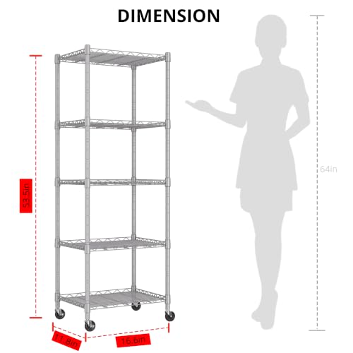Image of REGILLER 5-Wire Shelving Metal Storage Rack Adjustable Shelves,Standing Storage Shelf Units for Laundry Bathroom Kitchen Pantry Closet(Silver,11.8 inch D x 16.6 inch W x 53.5 inch H,With Wheels)