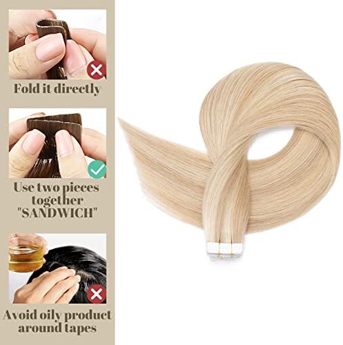 12 inch SEGO Tape in Hair Extensions Human Hair 10PCS [#18/613 Ash Blonde&Bleach Blonde] Straight (20g)