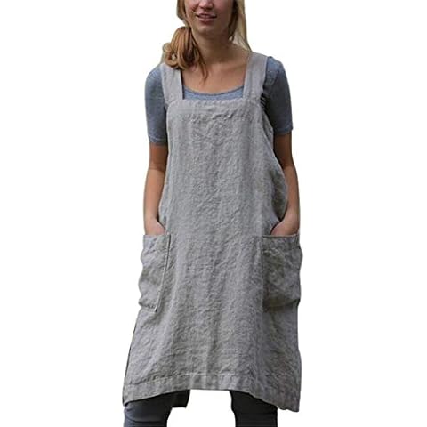 Women Cotton Linen Cross Back Japanese Style Aprons for Cooking Crafting Gardening Barbeque Pottery with 2 Pockets Plus Size (Grey, XXXL) Cover