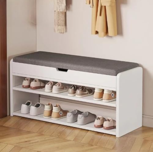 ホワイト木製収納付きベンチ CH-4034 かわいい木目ホワイト収納付きベンチ｜幅90cm天然木杉