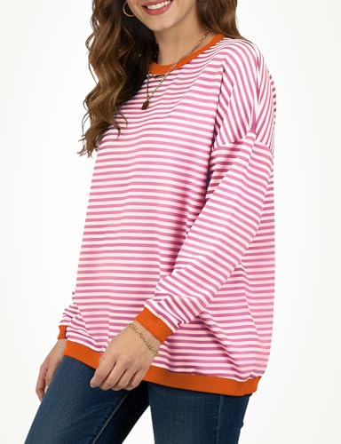 Image of Buauty Womens Long Sleeve Crewneck Knitted Striped Sweaters Casual Color Block Drop Shoulder Pullover 2025 Trendy Tops
