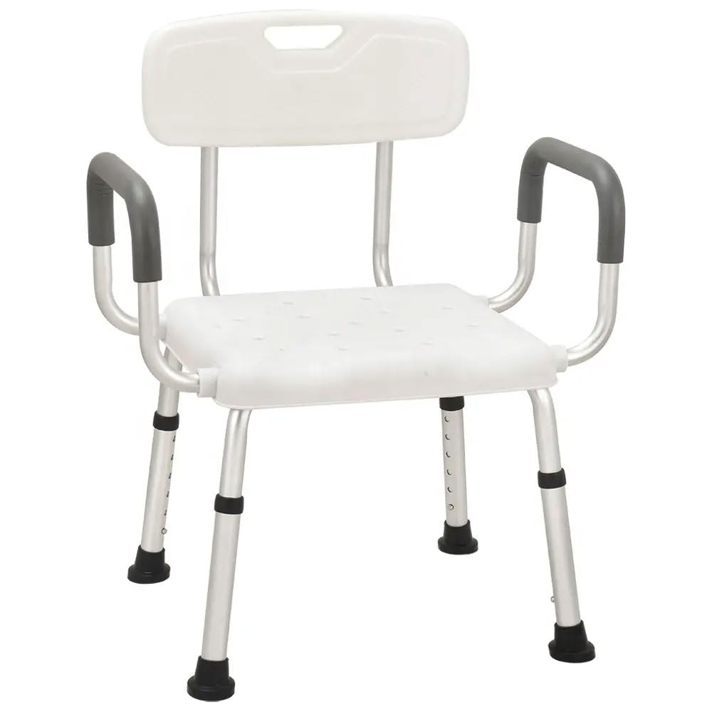 Gisinti Sedia Doccia Confortevole e Sicura per Anziani e Disabili - Con Braccioli, Schienale, Regolazione Altezza e Piedini Antiscivolo, Bianco