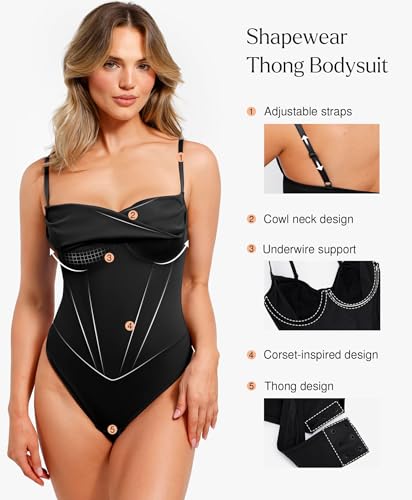 Image of Popilush Corset Bodysuit for Women Tummy Control Shapewear Bodysuits Cowl Neck Going Out Tops Body Suit Concert Outfits
