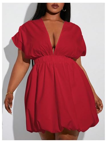 Image of WDIRARA Women's Plus Size Deep V Neck Bubble Dress Short Sleeve A Line Mini Dresses