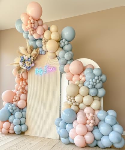Image of Gender Reveal Balloon Arch Garland Kit 144pcs, Dusty Pink and Blue Sand White Balloons Arch Kit for Gender Reveal Boho Neutral Theme Baby Shower Birthday Bachelorette Decoration