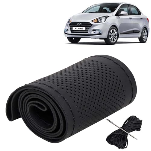 Image of KINGSWAY PU Leatherite Car Steering Cover Sewable Compatible with Hyundai Xcent (Year 2017-2020), Black Color with Black Thread, Pack of 1 with Sewing Needle and Thread