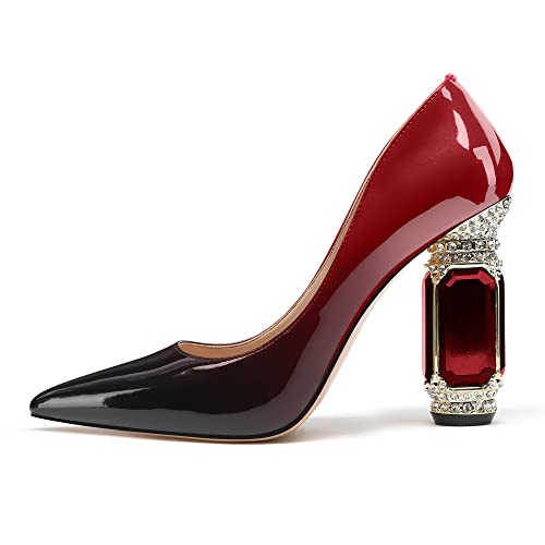 Image of JANSEVEN Women Chunky Heels Pumps Crystal Block Heels with Rhinestones Pointed Toe Sexy Gradient Patent Leather Slip on Bridal Party Wedding Dress Shoes 5-13 M US