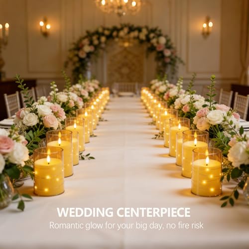 Image of kakoya Flameless LED Candles with Timer 12 Pc Flickering Flameless Candles for Romantic Ambiance and Home Decoration Stable Acrylic Shell,with Embedded Star String,Battery Operated Candles(Gold)