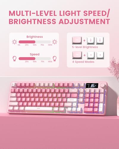 Image of Keymatic Gaming Keyboard Wireless Creamy Keyboard with Media Knob & Screen Cute Keyboard Mechanical Feeling with Number Pad RGB Backlit Tri-Mode BT /2.4GHz /USB-C - Pink