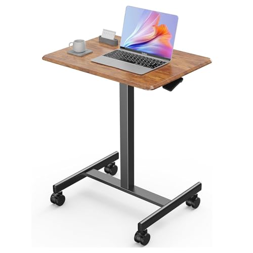 Sweetcrispy Mobile Small Standing Desk - Sit Stand Portable Rolling Laptop Desk with Lockable Wheels, Adjustable Height Computer Workstations, Brown