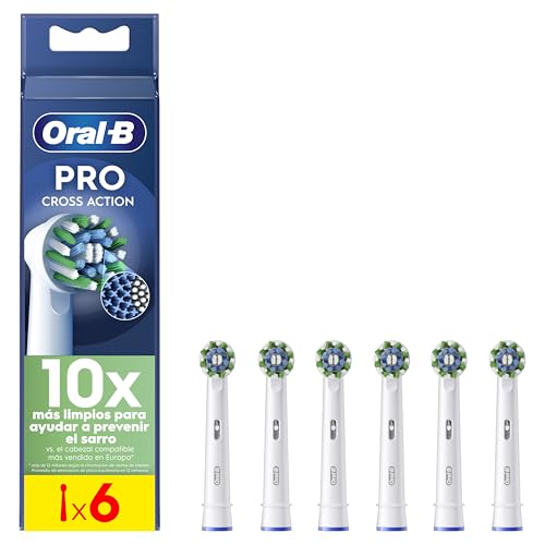 Oral B CrossAction Cabezales de Recambio Originales, Blanco, Pack de 6   Recambios para Cepillo de Dientes Eléctrico Oral B Pro, con Indicador de Uso, Eliminación de La Placa Bacteriana