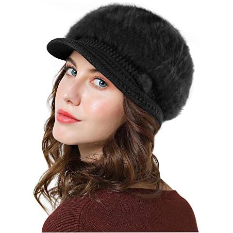Genfien Brim Cap Newsboy Cap for Ladies Thick Fleece Lined Winter Knitted Beret Hat Vintage Crochet Peaked Chic Hat Lightweight Winter Black Cover