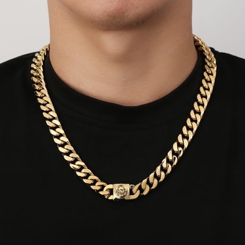 KRKC&CO 12mm Mens Cuban Link Chain For Men, 18k Gold Plated Miami Thick Necklace, Lion, Skulls Square Clasp, Durable Anti-tarnish Urban Street-wear Hip Hop Jewelry for Him Rapper2