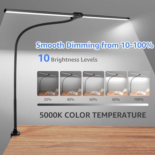 Image of ShineTech LED Desk Lamp for Home Office, 5000K Bright Double Head Architect Task Lamps with Clamp, Dimmable Adjustable Flexible, Black