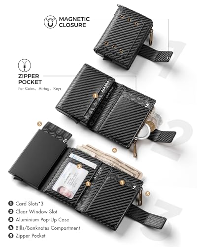 VULKIT Mens Wallet RFID Protected with Chain, POP UP Credit Card Ejector Case, ID Window, Zipper Pocket for Coins and Compartment for Bills/Banknotes, Carbon Black3