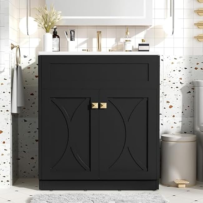 30 Inch Bathroom Vanity with Sink Top Combo Set Freestanding Cabinet with Storage Soft Close Doors Single Ceramic Sink Compact Bathroom Black