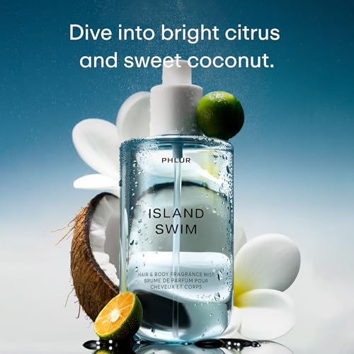 Image of PHLUR Island Swim Body Mist, 8 Fl Oz - Hair and Body Perfume | Tropical Citrus Coconut Body Spray with Bergamot, Plumeria & Sandalwood Fragrance