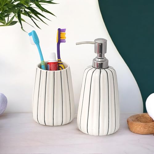 Image of Hand-Painted Ceramic Bathroom Accessories Set of 2 | 300ml Liquid Soap Dispenser & Toothbrush Holder | Rust-Proof Bathroom Organizer for Home & Wash Basin Decor | White Strip