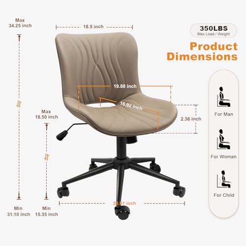 Image of Armless Office Chair, Height Adjustable Desk Chair with Wheels, Ergonomic Comfy 360 Swivel Home Office Computer Task Chair, Faux Leather Padded Cute Vanity Chair, Khaki