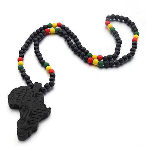Hip-Hop Natural Wood African Map Pendant 8MM Wooden Bead Chain Rosary Necklaces for Men Women-Brown African Map4