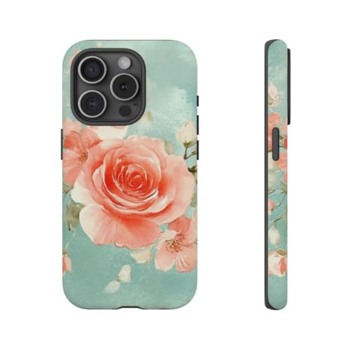 Coque rigide iPhone 15 Pro roses aquarelle turquoise de luxe