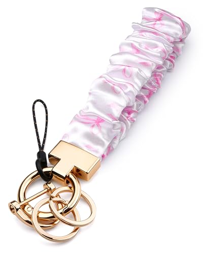 Handlein Pink Bow Scrunchie Keychain Wristlet, Cute Stretch Key Chain for Women, Wrist Lanyard for Car Keys Wallet, Gym & Travel (Pink Bow)