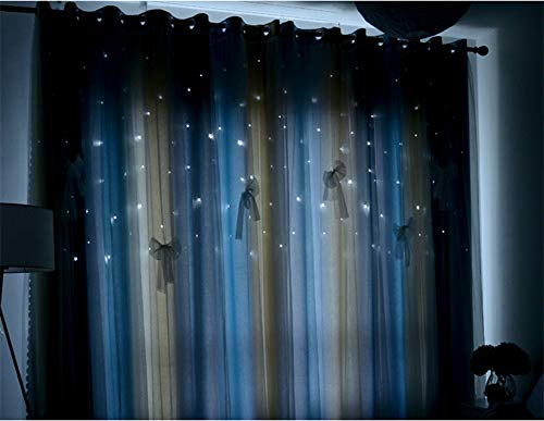 Image of Yancorp Room Darkening Light Blocking Pink Curtains White Sheer Lace Detachable Bow Ties Kids Room Decor Ombre Drapes Star Double Layer Window Panels Bedroom Living Room (Blue Beige, W52 X L63)