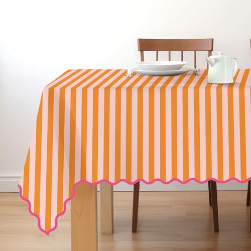 Whaline Scalloped Edge Tablecloth Orange Pink Striped 55 x 70 Inch