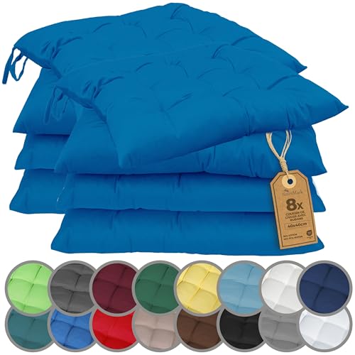NatureMark Lot de 8 Galettes de Chaises avec Rubans 40x40 cm – Coussin de Chaise Épais pour Intérieur & Jardin – Couleur Bleu Royal