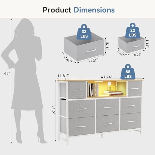 Image of DUMOS TV Stand Dresser with 8 Fabric Drawers and Open Shelves, LED Entertainment Center with Charging Station, Wood Top Media Console for 45-55 inch, Bedroom, Light Grey