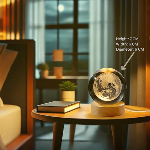 Image of 3D Moon Crystal Ball Night Light with Wooden Base, Table Lamp